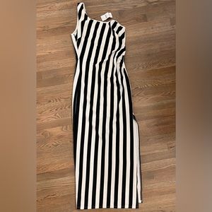 Black & white striped, one shoulder dress from Fashion Nova